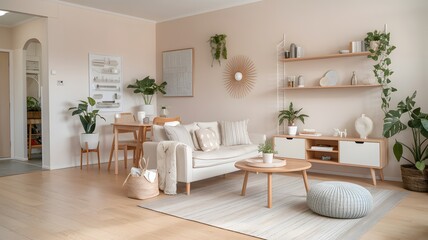 a Scandinavian-style open-concept apartment with light wood floors, neutral decor, and cozy textures.