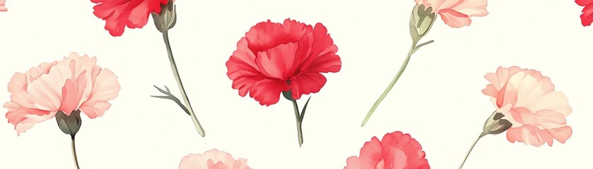 Delicate watercolor carnations in soft pink and red tones, floating on a light cream background, seamless pattern