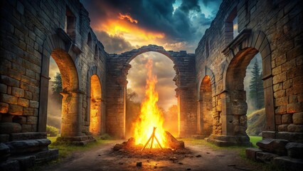 A mystical fire burning in a ancient ruin, eerie lighting, burning embers, mystical fire, smoldering coals