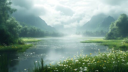 Serene mist-filled valley with a calm lake and a field of white flowers.