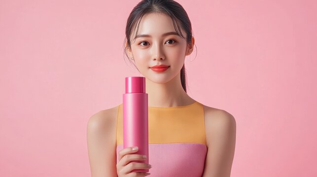 A young Asian woman holds a sleek hair care product mockup vibrant against a pink background - Powered by Adobe