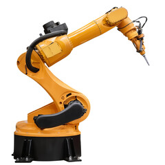 Industrial robotic arm, yellow color, isolated background transparent background