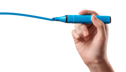 Hand holding blue marker drawing line, white isolated background transparent background