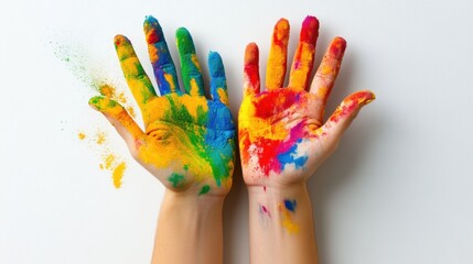 Hands covered in vivid Holi powder, raised in celebration with realistic details of color blending on skin.