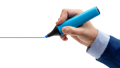 Hand holding blue marker pen, writing on white isolated background transparent background