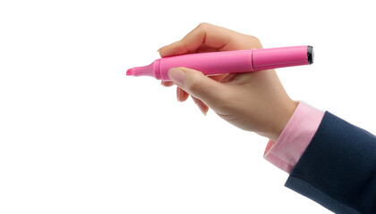Hand holding pink marker on white isolated background transparent background