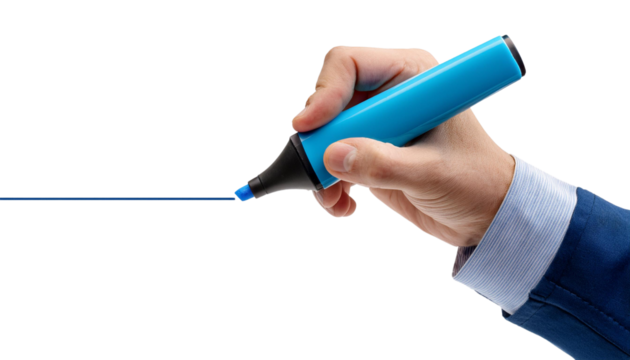 Hand holding blue marker pen, writing on white isolated background transparent background