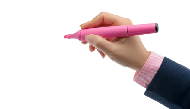 Hand holding pink marker on white isolated background transparent background