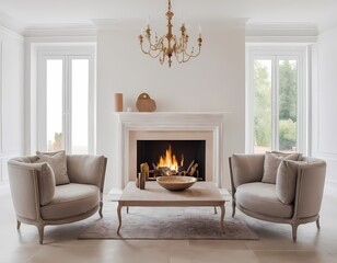 Elegant living room with a cozy fireplace in well-lit area neutral colors, modern furnishings