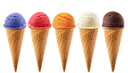 Five colorful ice cream cones, white isolate background transparent background