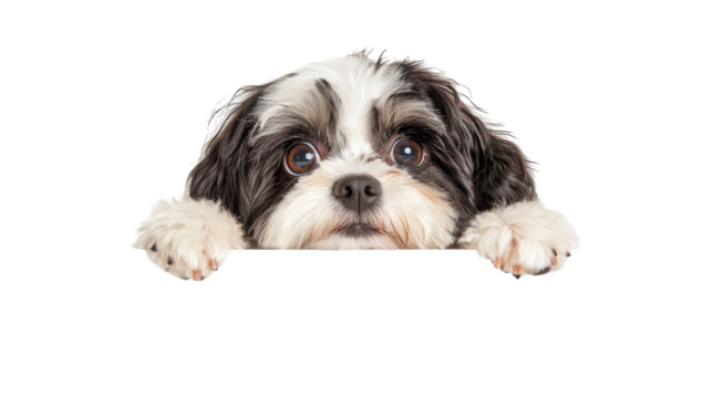 A cute dog peeks over a ledge with a curious expression, surrounded by a solid white background, conveying charm and playfulness.