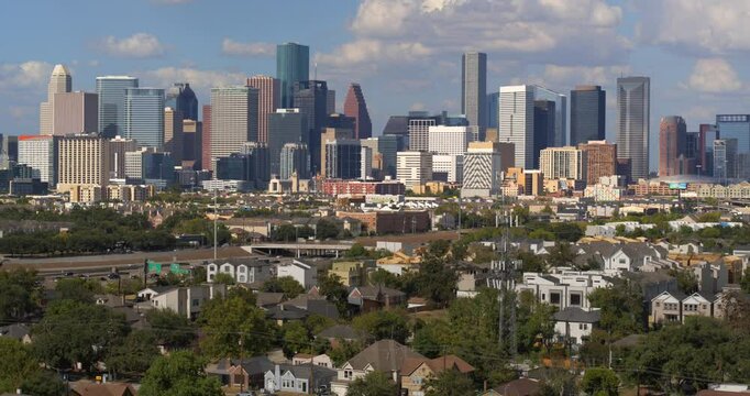 Establishing drone shot of downtown Houston, Texas from 3rd Ward area