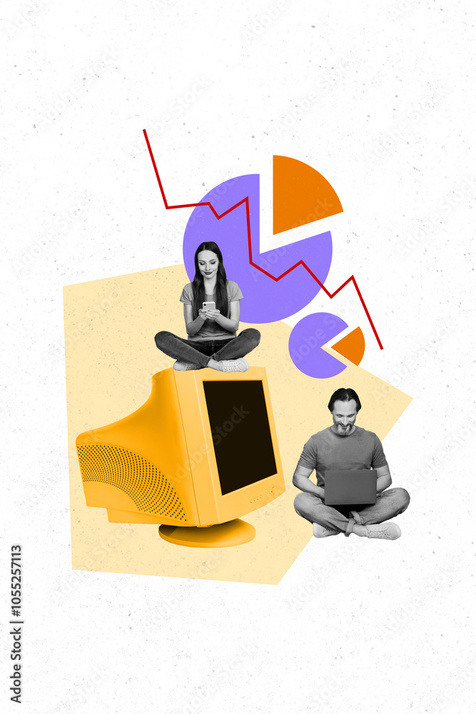 Poster trend artwork sketch image photo collage of miniature young lady man colleague office manager sit hu