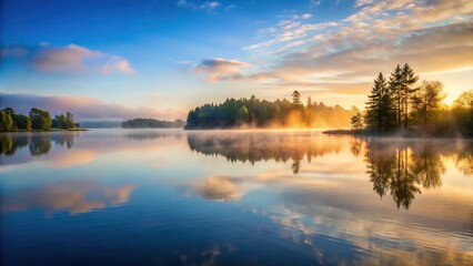 Obraz premium A serene lake at dawn with mist rising from the water surface, misty morning, early morning light, calm environment, calm atmosphere, outdoor scenery
