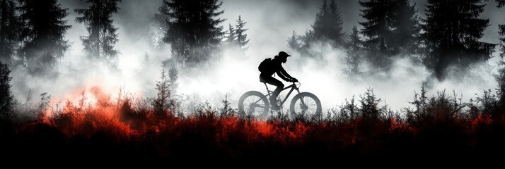 Fototapeta premium Forest Cycling Silhouette, a lone cyclist glides through a serene forest, shadows dance among the trees, evoking freedom and adventure
