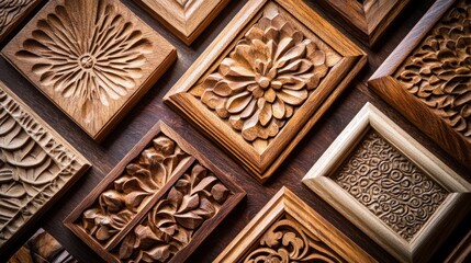 A collection of intricately carved wooden panels, showcasing various floral and geometric designs.