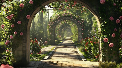 beautiful english rose garden with arches and arbors