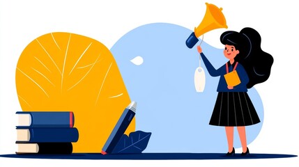 Fototapeta premium Happy Girl Holding a Megaphone and Books Education Announcement Illustration