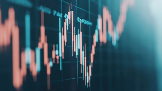 Close-up of a fluctuating stock market chart with red and green candlestick patterns, representing market volatility, trading trends, and investment analysis.