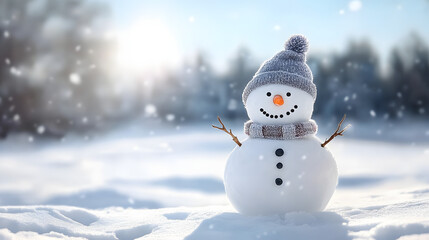 Obraz premium Happy snowman in winter scenery with copy space, blurred bokeh snow magical white landscape background