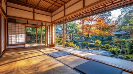 A traditional Japanese room with tatami mats, wooden sliding doors, and a view of a serene garden with colorful autumn foliage.
