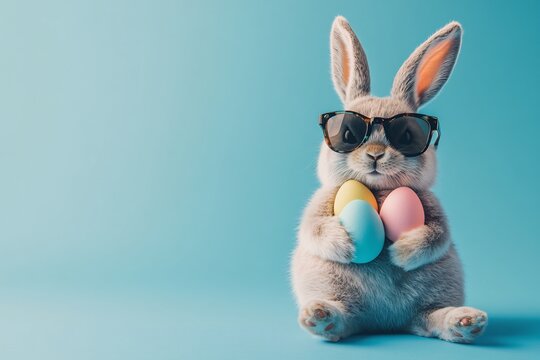 A cool bunny wearing sunglasses holds pastel Easter eggs against a vibrant teal background celebrating the joyful spring holiday
