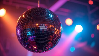 Obraz premium Disco ball reflecting colorful lights in a vibrant dance club environment 