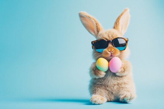A cool bunny wearing sunglasses holds pastel Easter eggs against a vibrant teal background celebrating the joyful spring holiday