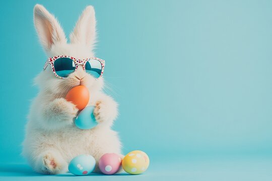 A cool bunny wearing sunglasses holds pastel Easter eggs against a vibrant teal background celebrating the joyful spring holiday