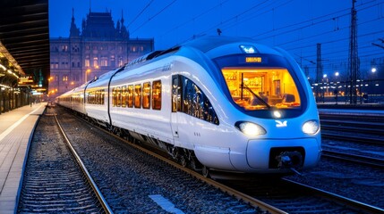 Fototapeta premium Modern High Speed Train Arriving at Station at Night