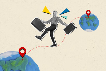 Composite trend sketch image photo collage of summer vacation travel trip tourism way journey geo point aged man walk route hold baggage