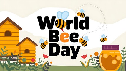 Naklejka premium World Bee Day illustration with beehives, bees, and a jar of honey.
