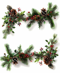 Realistic pine garland with red berries and brown cones, clipart on a white background
