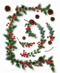Realistic pine garland with red berries and brown cones, clipart on a white background