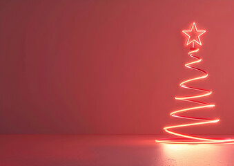 Red background, Christmas tree made of glowing light strips on the right side, star in the top left corner