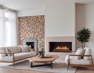 Fototapeta premium Elegant living room with a cozy fireplace in well-lit area neutral colors, modern furnishings