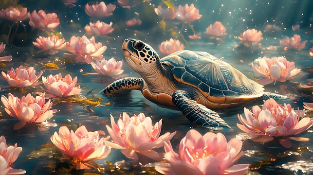 A sea turtle swims through a serene pond filled with pink water lilies, bathed in warm sunlight.