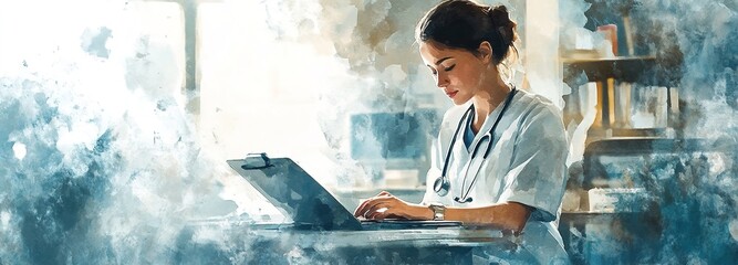 Nurse Assisting with Patient Care in Watercolor Style