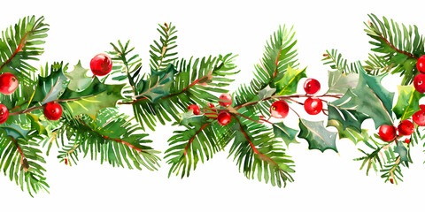 Christmas horizontal border with holly, mistletoe, and pine branches