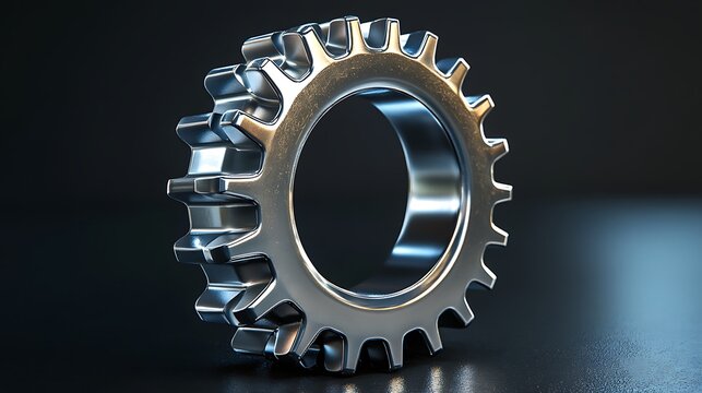 Shiny metallic gear wheel in smooth rotation representing collaborative success in modern technology