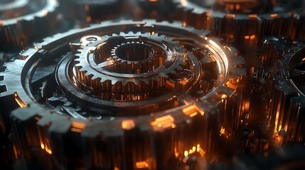 3D metallic gear rotation dynamic teamwork technology concept with interlocking gears spinning smoothly