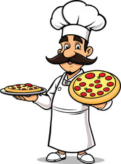 Emblem Of Chef With Holding Colorful Pizza Sketch On White Background Logo