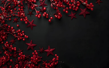 Christmas garland with red berries and stars on a black background