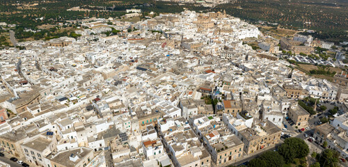 Aerial view of the historic center of Ostuni, also known as The White Town. The Old Town is located...