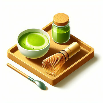 No.5  A vector illustration of a traditional matcha tea set with a white background  Show a bamboo whisk (chasen), a tea bowl (chawan) with vibrant green matcha tea inside, and a bamboo scoop (chasha