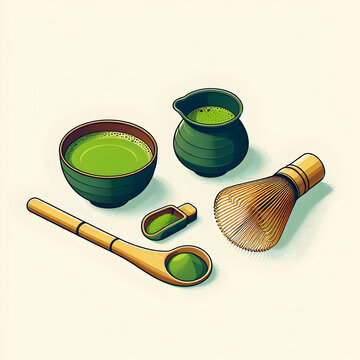 No.2  A vector illustration of a traditional matcha tea set with a white background  Show a bamboo whisk (chasen), a tea bowl (chawan) with vibrant green matcha tea inside, and a bamboo scoop (chasha