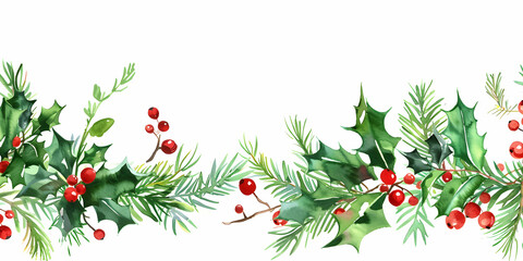 Christmas horizontal border with holly, mistletoe, and pine branches