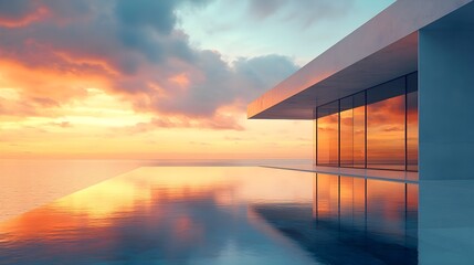 Skyscraper reflecting sunset background. 3d abstract architecture design of modern contemporary luxury building converging glass and steel. Perspective view landscape. Hi-tech sustainable architect.