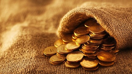 Gold Coins on Burlap Background for Investment Concepts