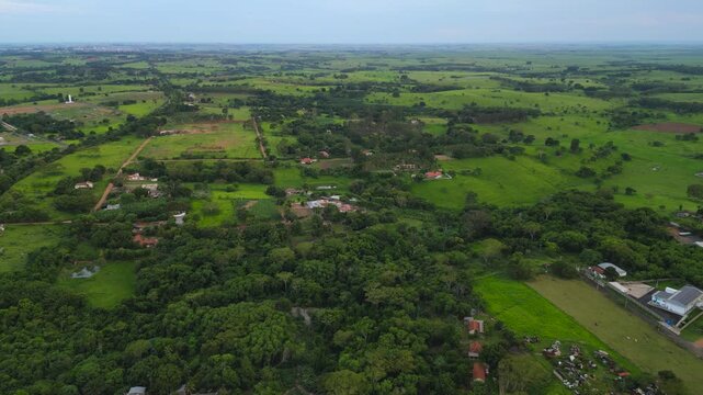 aerial view of a green endless field with soybean plantations in the country side of Sao Paulo during a sunny blue sky day - Dracena, Brazil